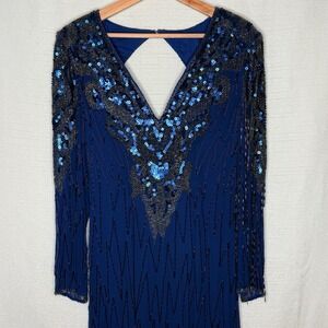 VTG Demetrios Designs 80s Silk Beaded Dress Evening Gown Cutout Back Sz 14 Glam